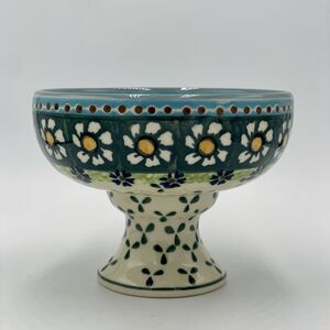 BOLESLAWIEC Wiza Polish Pottery Green Floral Footed Candy Dish Dessert Bowl 4"